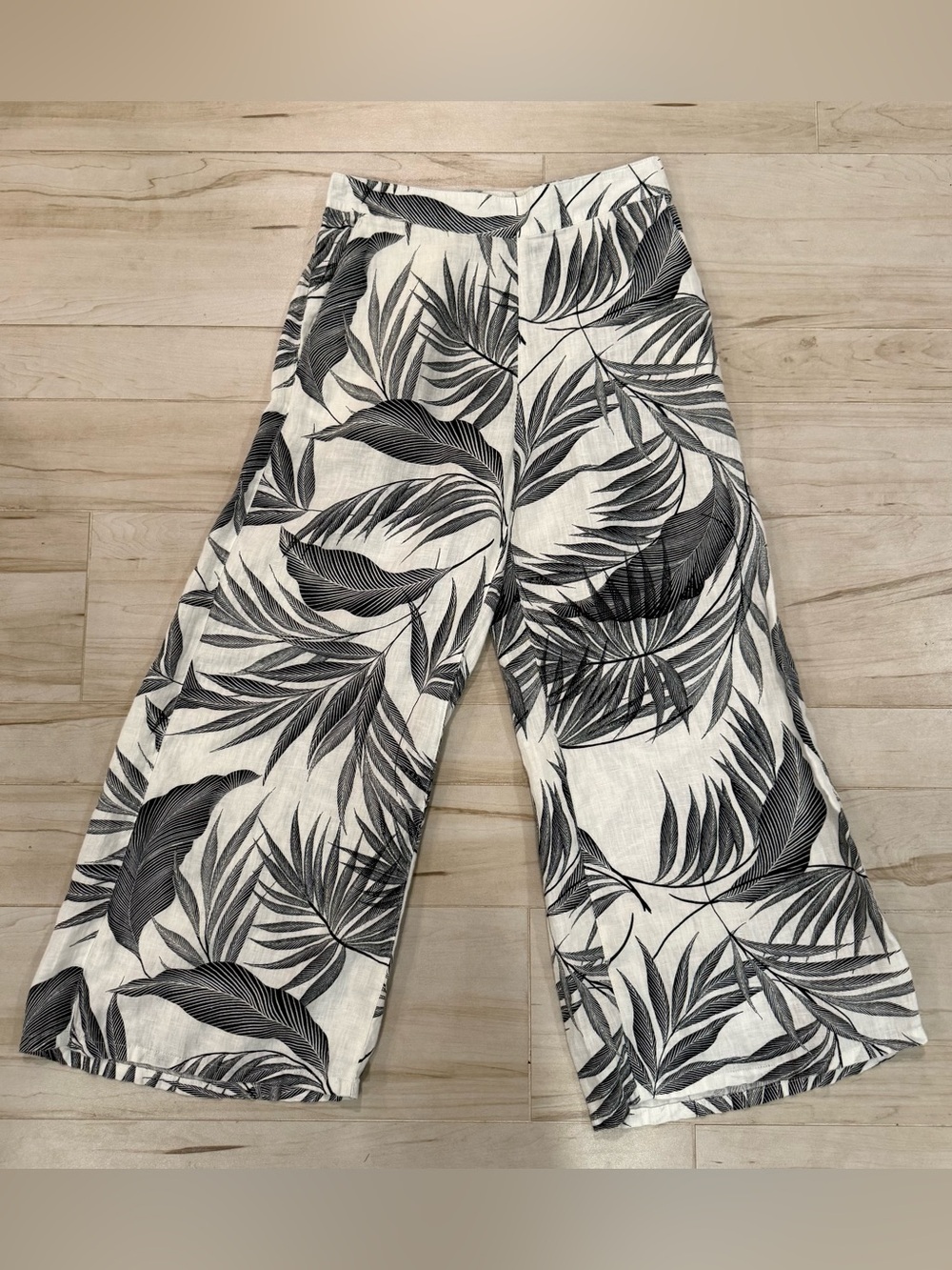 Coastal Linen Palazzo Pants Resort Wide Leg Botanical Print M